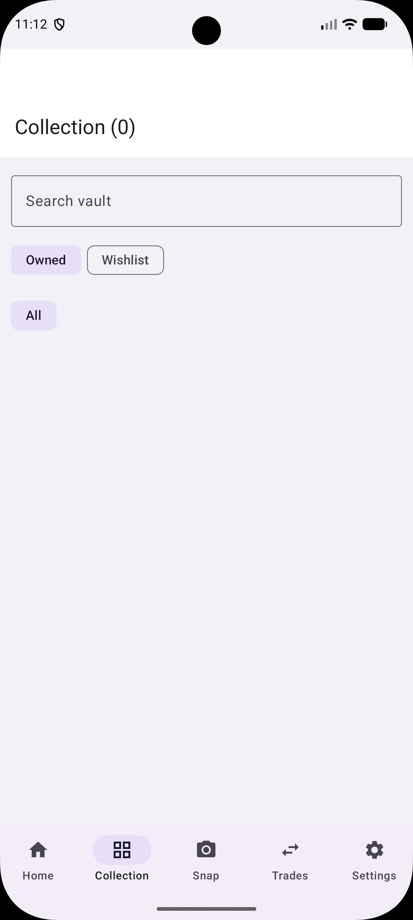 Collection tab with search, Owned and Wishlist filters.