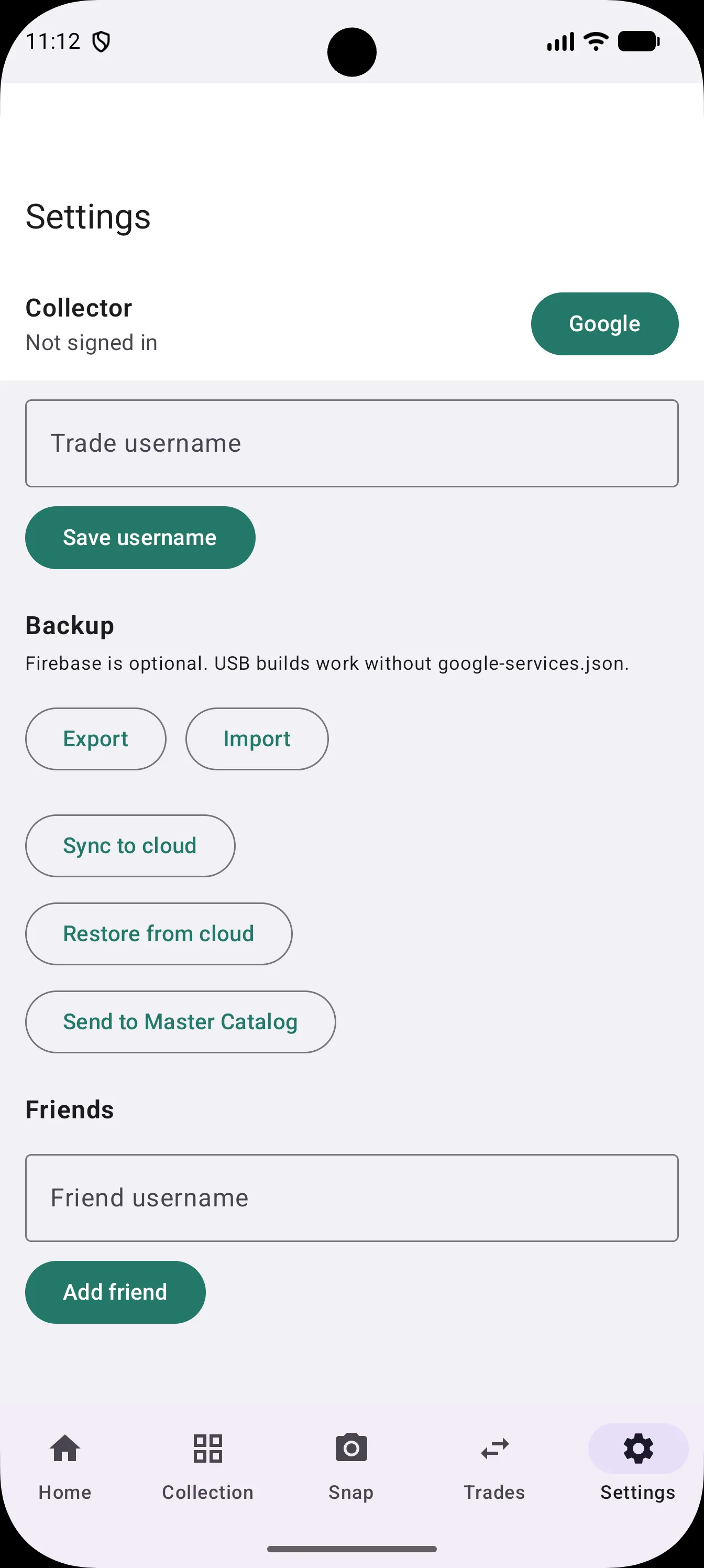 Settings: Google sign-in, trade username, backup export and import, cloud sync, and add friend.