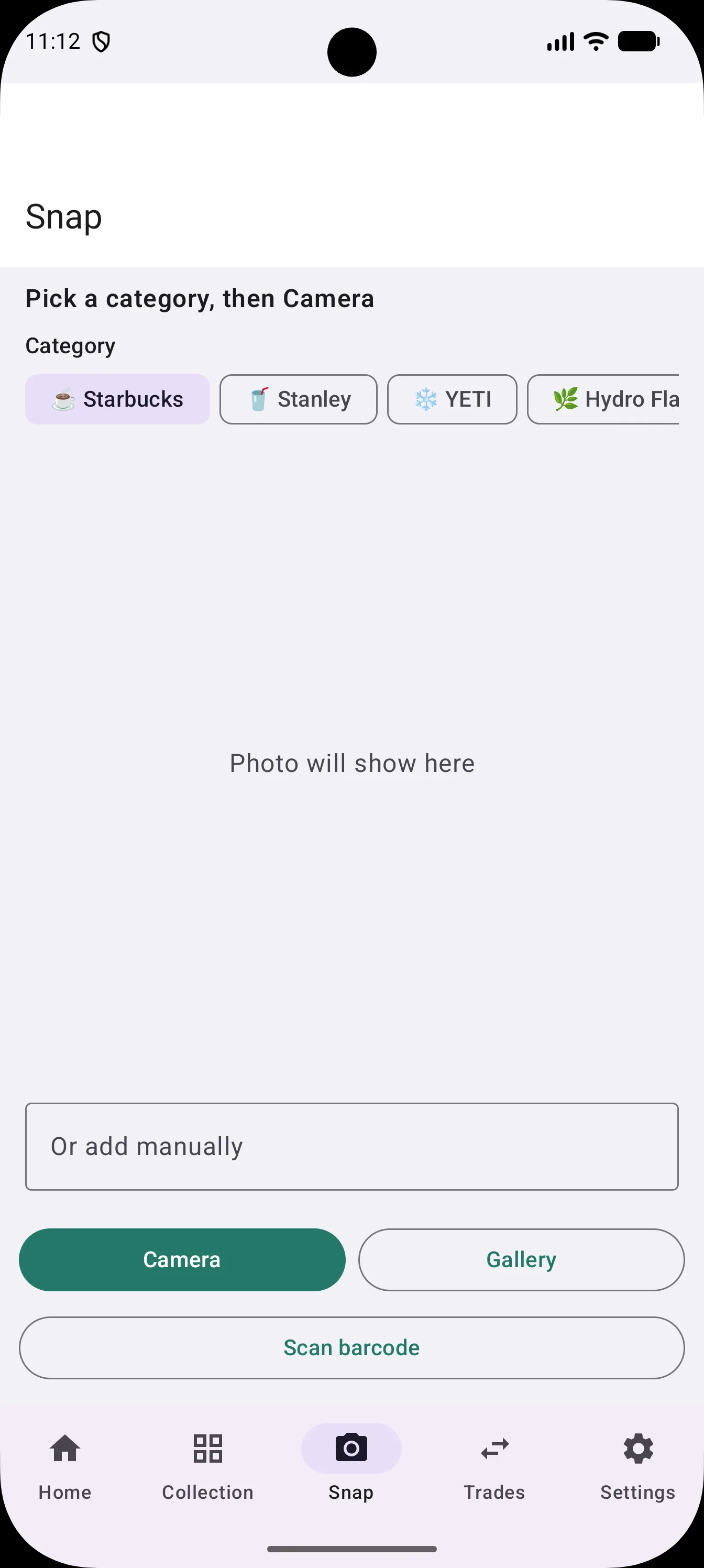 Snap screen: pick a drinkware category such as Starbucks, Stanley, YETI, or Hydro Flask, then open Camera or Gallery.